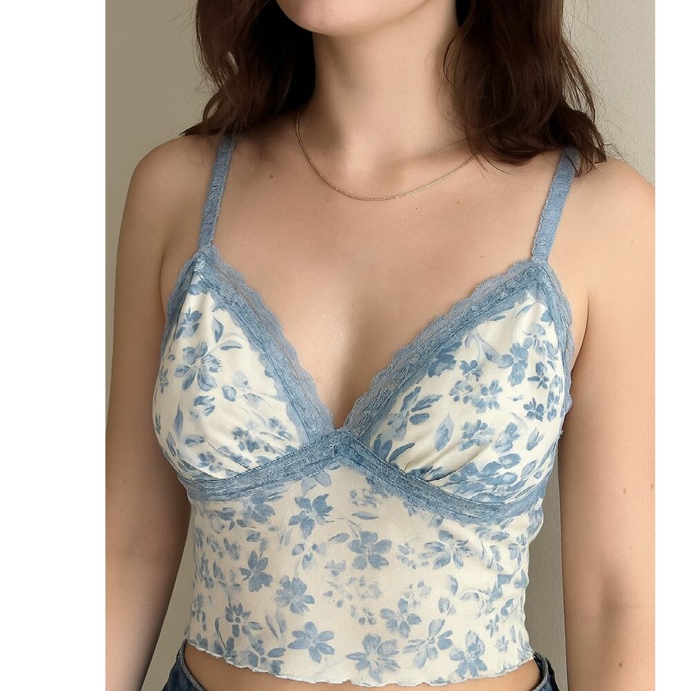 La Pêche Lace Trim Y2k Babydoll Crop Top Women Large Sleeveless Floral Coquette